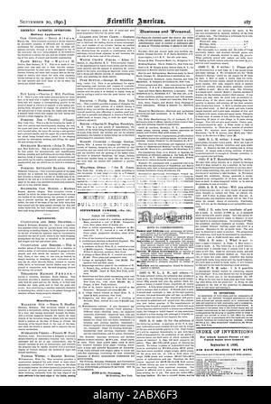 20 SEPTEMBRE 1890 1 BÂTIMENT SCIENTIFIC AMERICAN EDITION. Numéro de septembre (n. 59.) Les appareils. Agricole mécanique. Divers. Pour les inventeurs. INDEX DES INVENTIONS pour lesquelles Lettres patentes de l'United States ont été octroyées le 9 septembre 1890 et chaque roulement que BATE. «Ziussinests Werzonat aria., 1890-09-20 Banque D'Images