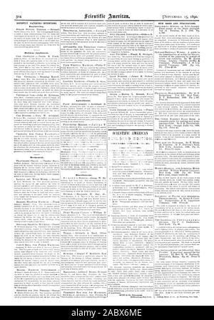 De NOUVELLES PUBLICATIONS ET DES MALAPPRIS. Récemment les inventions brevetées. L'ingénierie. Agricole. Divers., Scientific American, 1890-11-11 Banque D'Images