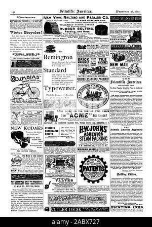 Plus anciens et des plus grands fabricants américains de Victor Bicyclettes OVERMAN VOLANT CO. À NEW YORK. Nouveau KODAKS LAIT 95 ST. Masse de Boston. Cette société détient le brevet accordé à Alexander Graham Bell 7 mars 1876 n° 174465 et le 30 janvier 1877. N° 186787. La transmission de la parole par toutes les formes connues de la parole électrique téléphones en marge du droit fixé à cette entreprise par ces brevets et rend chaque utilisateur des téléphones pas Remington Machine à écrire standard. L'onduleuse TELE CINCINNATI CO. LE PHONOGRAPHA ARMSTRONG DÉTAILLÉE MAN'F'G. CO. i  =Nos UNE DJUSTA Banque D'Images