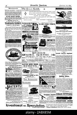 Ascenseur STAR HACK SCIES. MILLERS FALLS CO. 93 Reade Street NEW YORK. Téléphone MECO CO. Moteur de la 19e siècle MUNN & CO. procureurs de brevets 361 Broadway New York. Les bureaux de district. MUNN & CIE Éditeurs 361 Broadway New York. Les encres d'IMPRESSION DE COUPE VITESSE MOTEUR DE VAPEUR D'électro. Le gaz ou l'ESSENCE POUR LE CARBURANT. Pas de chaudière. Pas de feu. Pas de danger. Aucun ingénieur. Vous tournez le commutateur THOMAS KANE & CO. CHICAG MALADE. Le REMINGTON MACHINE À ÉCRIRE STANDARD POURQUOI PAYER DES PRIX DE FANTAISIE pour vannes VAN DOUZAINE DE POMPES POMPE DE TOUT TYPE DE LIQUIDE. 100 à 10 000 gallons par DLIZEN TIFTCO-divan. La pompe (ministère) CINCINNATI 0. Veste de brevets Banque D'Images