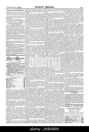 INDEX DES INVENTIONS pour lesquelles Lettres patentes de l'United States ont été octroyées et chaque roulement que BATE., Scientific American, 1892-02-27 Banque D'Images