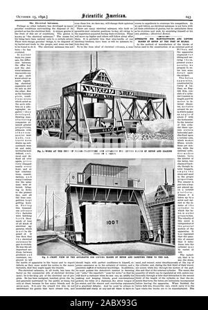 Le vendeur d'électricité. Appareils POUR LA FABRICATION ET LE LEVAGE DE BLOCS DE BETON AU PORT DE BILBAO. Fig. 2VUE DE LA FAÇADE SUR UNE BARGE., Scientific American, 1892-10-15 Banque D'Images