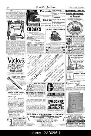 Et tout le temps regarder KODAKS LES OUTILS DES MÉCANICIENS. Enregistre l'impression & TARRANT MFG. Le PREMIER MINISTRE L'ÉQUIPE DE MACHINE À ÉCRIRE SMITH:RICANELMITONE CO. 95 ST LAIT. Masse de Boston. Les MEILLEURS AU MONDE. Le VANDUZEN 50 MARTIN & CO. les lanternes magiques emballage revêtements à base de vapeur Chaudière toiture $ Edison et THOMSON-HOUSTON SYSTÈMES. TRANSMISSION DE PUISSANCE. 4 MININC PAR L'électricité. Des ascenseurs. La fabrication industrielle et Uncurrent titres négociés dans. WORDEN & FANSHAWE LE MOYEU D'EMBRAYAGE À FRICTION 4-451, rue Mace Philon. Pa. Ilifl Cider Mills Mills de l'os. Ete. CHICAGO SCALE CO.. Chlengo cierice ? Bureau du Scientific American 361 Banque D'Images