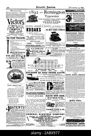 OVERMAN VOLANT CO. S OSTON. L'État de Washington. DENVER. SAN FRANCISCO. A. G. SPALDING & BROS. Les agents spéciaux AMERICAN SCREW CO. PROVIDENCE R. I. VESTE BREVET du temps bouilloires talon glissante ATENTS ! Le moyeu d'embrayage à friction la laine James Smith C MACHINES OUTILS DES MÉCANICIENS. Créé en 1846. Document scientifique les plus populaires dans le monde entier seulement 83,00 par année, y compris les frais de port. Numéros par An-52 hebdomadaire. T H E MUNN 6c CO 361 Broadway New York. MUNN & CO. LES ENCRES D'éditeurs. CENERAL ELECTRIC COMPANY. 0 LICHTINC À INCANDESCENCE et ARC. TRANSMISSION DE PUISSANCE. MININC PAR L'électricité. menteur ENVOYER 10e POUR TERMINER Banque D'Images