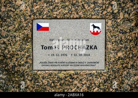 Chotyne, République tchèque. 29 Nov, 2019. Représentant de l'ambassade des États-Unis confère de la Bronze Star Medal sur maître-chien militaire tchèque Tomas Prochazka dans in memoriam. Prochazka a été abattu par un militaire afghan à la base alliée de Shindand dans la province d'Herat en octobre 2018. Plaque honorifique de Tomas Prochazka dans Chotyne, République tchèque, le 29 novembre 2019. Photo : CTK Radek Petrasek/Photo/Alamy Live News Banque D'Images