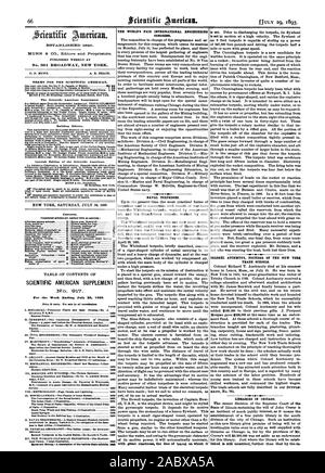Publié chaque semaine au n°361 BROADWAY NEW YORK. 0. D. MUNN. A. E. BEACH. Conditions POUR LE SCIENTIFIC AMERICAN. SCIENTIFIC AMERICAN Supplément n° 917. Pour la semaine se terminant le 29 juillet 1893. La foire mondiale de l'INGÉNIERIE INTERNATIONAL CONGRESS. Des TORPILLES DE LA MARINE. avec une grande rigueur la ligne de billet ou qu'elle AUCHRIITY COLONEL POUNDER DU NEW YORK Écoles de métiers. Les BIBLIOTHÈQUES DE CHICAGO. ICS'I'A-131.ISFEID 1893-07-29, 1845. Banque D'Images
