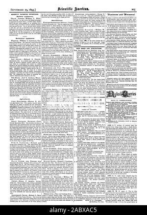 Le 23 septembre 1893. Récemment les inventions brevetées. Couloir d'appareils ménagers. De nouveaux livres et de publications. Édition du bâtiment. Septembre 1893 (n. 95.), Scientific American, 1893-09-23 Banque D'Images