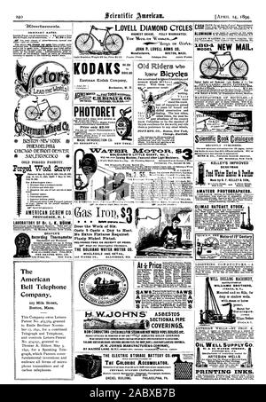 LOVELL CYCLES DIAMOND GRADE LE PLUS ÉLEVÉ. Totalement garantis. JOHN P. LOVELL ARMS CO.130STON .NEW YORK CHICAGO DENVER DETROIT produit forgé à froid. De faux. Vis à bois À LA FABRICATION DU TAPIS DU TABLIER. CO. 152 rue Front New York l'American Bell Telephone Company Boston Massachusetts KODAKS T 6,00 $ 100,00 $ Eastman Kodak Company PHOTORET : seulement $2,50 SCIENTIFIC AMERICAN. 321 Broadway. New York. Effectue le travail de six. Coûte 5 cents par jour à la chaleur. Pas de matchs requis. Nickelé finement. Livré GRATUITEMENT SUR RÉCEPTION DE PRIX. La BOMAN° WATER MOTOR CO. VENTE EN GROS ET AU DÉTAIL DE L'EAU 415 ST. BALTIMORE MD. L'or Banque D'Images