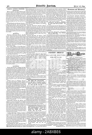 Récemment les inventions brevetées. L'ingénierie. Mécanique. Agricole. De nouveaux livres et de publications. SCIENTIFIC AMERICAN BUILDING NUMÉRO JUIN 1894 (n. 104.) 861 Broadway. New York. 4, 1894-06-11 Banque D'Images