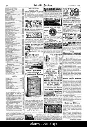 Travail. D'autres brevets étrangers peuvent aussi être obtenus. Les sciences expérimentales 120 pages et 0 coupes superbes ajouté. MUNN & CO Publishers 361 Broadway. New York. Gaz combustible parfait et bon marché. Les hauts fourneaux à gaz SOUFFLANTES À HAUTE PRESSION ETC. ADRESSE POUR NASSAU STREET NEW YORK. La montée complète de plaque vissée la foudre pour tuyau quelque chose de nouveau dans le cas d'un tuyau de 37- EST UN I. J S II ED 1545. H E ACHETER TELEPHONES tAIR PERFORATEURS COMPRESSEURS COUPE-MVEMEYER CHARBON BÂTIMENT. À 0 W Mt M MO ! 9.0Verfigsements. Les tarifs ordinaires. Les fraiseuses tour d'éléments de machines de fraisage. Formé L. S. STARR COMPRESSEURS D'AIR DRILLSOI ROCK& l'ammoniac Banque D'Images