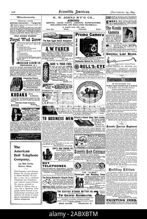 H. W. JOHNS M'F'G CO. AIANSTOS COUVERTURE' les peintures liquides NON CONDUCTEURS FABRIQUE D'AMIANTE ET DES MATÉRIAUX ISOLANTS Jersey City. Chicago. Philadelphie. Boston. 9Jfbverti emenfs9. L'amélioration de l'INDICATEUR DE VITESSE. Pour les hommes d'affaires 361 Broadway. New York. Moteur à gaz SINTZ CO. GRAND RAPIDS au Michigan. Acheter des téléphones qui ne sont bons, mais pas "à peu de choses." Le téléphone de l'Ouest diffèrent CONSTRUCTION CO. le frein automatique Bailey Location Vente d'article breveté. Répondre BULL'S-EYE LE NOUVEAU TYPE D'APPAREIL PHOTO. LICHT. CARTRiDCES FILM ANTI Pas besoin d'une chambre noire. Le brevet de Bristol de laçage en acier. A récemment publié. 361 Banque D'Images