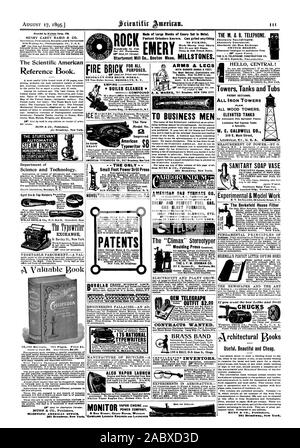 Faites de grands blocs d'Emery situé dans le métal. Broyeurs plus rapide connu. Peut broyer n'importe quoi aucune préparation. Faites forte. le rester s'adapter n'importe quel châssis de l'usine. Bon marché comme Best French buhrs. à toutes fins. Le M. & B. TÉLÉPHONE. Absolument pas de contrefaçon. Absolument garanti. Les meilleures cartes de commutation change. Catalogue illustré sur demande gratuitement. Le livre de référence de l'Américain scientifique. MUNN & CIE Éditeurs 361 Broadway New York. FIRE BRICK BROOKLYN FIRE BRICK WORKS. SS Van Dyke street. BROOKLYN N. Y. NETTOYANT CHAUDIÈRE EMPIRE BREVETS composé pris par Munn & Co. recevoir vapeurs marines Banque D'Images