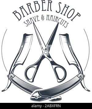 Vintage de barbier ou de salon de coiffure, ciseaux et emblème ancien rasoir droit, logo barber shop Illustration de Vecteur