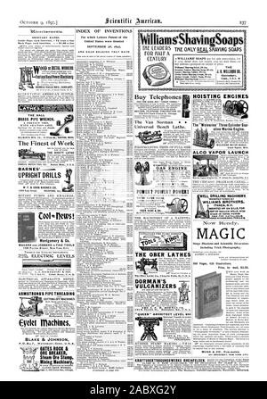 Les tarifs ordinaires. Page intérieure chaque insertion - 75 cents une ligne arrière Page chaque insertion 51,00 une aoOHand Olaohloorg Pied de ligne d'alimentation SENECA FALLS MFG. Les tours de l'entreprise. La clé à tuyau laiton HALL. Les meilleurs travaux de LA TOUR RIVETT BARNES' EXERCICES DEBOUT Montgomery & Co. décideurs et opérateurs en beaux-TOOLS 105 FULTON STREET NEW YORK CITY. ARMSTRONG'S PIPE THREADING TRONÇONNEUSES Bridgeport Connecticut Eyelet machines. BLAKE & JOHNSON ROCK PORTES COUPE-minerai minerai vapeur Stamp Extraction minière GATES IRON WORKS gSoapsee LES DIRIGEANTS moi seule véritable savon de rasage pour un demi-siècle, la Tour Ober Co. Chagrin Banque D'Images