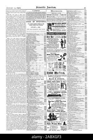 SEBASTIAN LATHECO CULYENT.120 ST CINCINNATI 0 AVANCE-VOUS AMÉLIORER VOTRE CONDITION LA CLÉ À TUYAU LAITON HALL. Les machines de l'oeillet. BLAKE & JOHNSON VOTRE PIED N'Rivett Location Pied Boston Power Mass. U. S. A. tout cela ! Niveau banc 009 travailleurs ou PIET II BARNES' nouveau semoir à disques de friction. Le brevet 'Queen's Plaque Triple' Toepler-Holtz Machine électrique. Sous presse UNE SPÉCIALITÉ. GEO. M. GRISWOLD DISJONCTEUR MINERAI Minerai vapeur machines minières de timbres pour les inventeurs. INDEX DES INVENTIONS, Scientific American, 1898-01-15 Banque D'Images