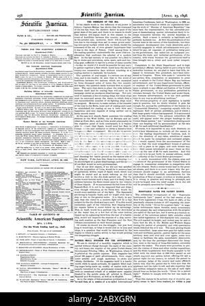 Publié chaque semaine au n°361 BROADWAY NEW YORK. Le Scientific American Supplement (créé en 1876) Building Edition ou Scientific American. (Créé en 1883.) Édition exportation du Scientific American (établi 187S) contenu. TABCE DES MATIÈRES DE Scientific American Supplement 33d. 64. Pour la semaine se terminant le 23 avril 1898. La PAGE DE LA COMMANDE DE LA MER. Plutôt LES PETITES ENTREPRISES POUR LE GOUVERNEMENT. Papier NÉGOCIABLE POUR LES DROITS DE BREVET. 1898-04-23 1845, établi Banque D'Images