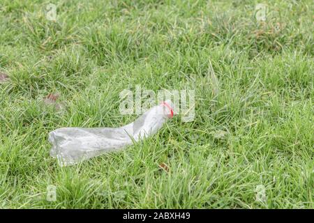 Les boissons gazeuses en plastique vide bouteille / déchets sur patch d'herbe. Métaphore le recyclage, la pollution, les déchets de bouteilles en plastique, bouteille en plastique vide. Banque D'Images