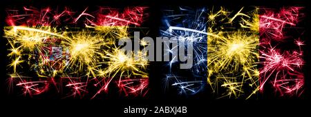 Vs espagnol le Tchad, célébration du Nouvel An tchadien drapeaux fireworks mousseux fond concept. Combinaison de deux états abstraits des drapeaux. Banque D'Images