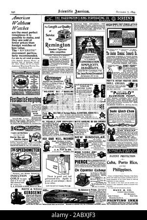 Appareil d'ÉCOLE ET PHYSIQUE dans INDUCTIONments les rayons X et d'autres travaux d'électricité. METZ & Weiss le kérosène et moteur à gaz, 128-132, rue Mott New York. Maintenant de service le Remington Machine à écrire standard défie toute concurrence RITERION ADE Apollo Irou et Steel Company de Pittsburgh. Les machines simples ou maïs. équipements termi pour toute catégorie de travail. Courroies de convoyeurs élévateurs différents styles l'extraction du charbon et des machines de manutention. La JEFFREY MANUFACTURING CO. COLUMBUS 0. SCIENTIFIC AMERICAN INC. Adresse 1899, 1899-10-07 Banque D'Images