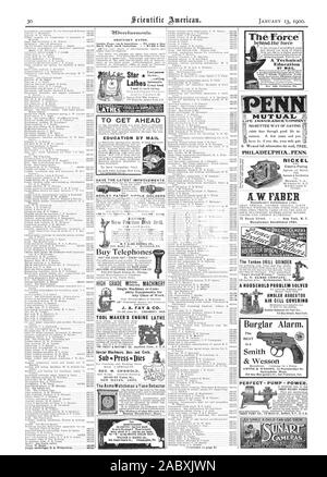 13 janvier 1900. Les tarifs ordinaires. À l'intérieur de chaque page de l'insertion. - 75 c. une ligne 4 Page chaque insertion . Une ligne 81,00 kW NICKEL Manufacture créé 1701 FABER. Pompe d'alimentation -- PARFAIT. 4 HIGH GRADE Mg ?. Machines pour cet enseignement de l'AVANT PAR MAIL W. F. & JNO. BARNES CO. ACHETER Téléphones DISPOSENT DES DERNIÈRES AMÉLIORATIONS. Les détenteurs de brevets MAMELON ASHLEY BARNES' nouveau semoir à disques de friction. Le AcmeWatchman'stemps Boston Brookline) détecteur (Mime TAILLANDIER'S TOUR PARALLÈLE PDG. M. GRISWOLD NEW HAVEN CONN. IrherAirib behiiiclth.e'faree UN ENSEIGNEMENT TECHNIQUE PAR MAIL. Sg 14 Pr pas BErrER FAÇON D'SAYINO qMERA REMO Banque D'Images