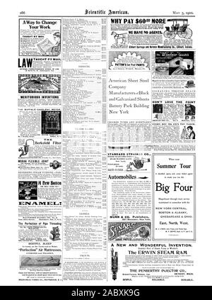 DURABLE. Décorations POUR LES INVENTIONS DONT L'CASOLENR BUFFALO MOTEUR. CHICAGO.ILLUS A. C'est une façon de modifier votre travail ENSEIGNÉ PAR MAIL PAR COURRIER ÉMAIL TAUCHT BALTIMORE CO. n°2 pied Allen Street Baltimore Md. U. S.A. La perfection de machines CRÉPINE STANDARD CO' tire-thé et café les crépines. 37-40 Maiden Lane New York. AGENTS nickelé UN ND. Automobiles MOTOR COMPANY Buffal N. Y. Magneto pour moteur à essence ou gaz Allumeurs NE PERDEZ PAS la tournée d'été POINT Big Four NEW YORK CENTRAL Chesapeake & Ohio. East North West., Scientific American, 1900-05-05 Banque D'Images