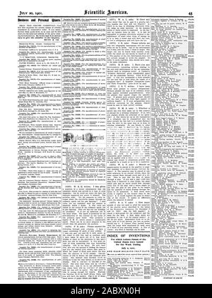 Entreprise et Personnel veut. sary pour donner le numéro de l'enquête. MUNN & CO. INDEX DES INVENTIONS pour lesquelles Lettres patentes de l'United States ont été émises pour la semaine se terminant le 9 juillet 1901 et chaque roulement CETTE DATE., Scientific American, 1901-07-20 Banque D'Images