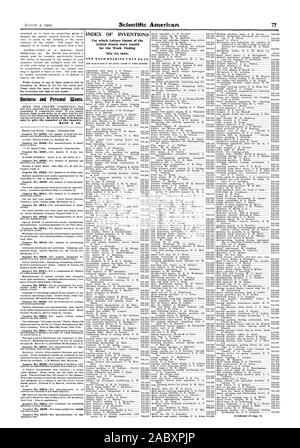 Entreprise et Personnel veut. sary pour donner le numéro de l'enquête. MUNN à CO. INDEX DES INVENTIONS pour lesquelles Lettres patentes de l'United States ont été émises pour la semaine se terminant ET CHAQUE ROULEMENT CETTE DATE., Scientific American, 1902-08-02 Banque D'Images