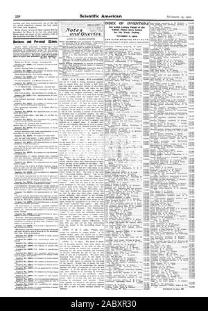 Entreprise et Personnel veut. sary pour donner le numéro de l'enquête. MUNN & CO. INDEX DES INVENTIONS pour lesquelles Lettres patentes de l'United States ont été émises pour la semaine se terminant ET CHAQUE ROULEMENT CETTE DATE.  Notes et requêtes., Scientific American, 1902-11-11 Banque D'Images