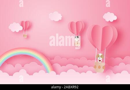Illustration de l'amour et de la Saint-Valentin en carte de vœux papier coupé style. En toute sécurité avec une assurance chien et chat en montgolfière sur les nuages et arc-en-ciel. Artisanat numérique Illustration de Vecteur