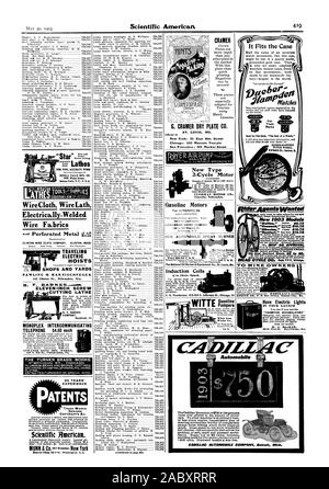 Boutiques et palans verges métalliques sur le fil sur le fil de la latte de Electrically-Welded Tissus toutes sortes d'expérience Brevets Marques de commerce Dessins industriels Droits d'auteur &C. Sdenfific. américain, Scientific American, 1903-05-30 Banque D'Images