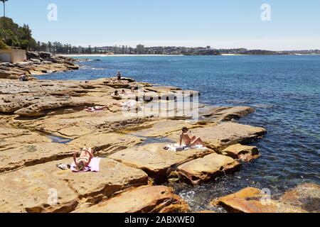 Manly, Sydney, Australie - le soleil sur les rochers à l'arbre de chou réserve aquatique de la baie de Sydney, Manly, Australie Banque D'Images