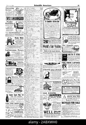 J J GARCEAU CO. Réveil électrique à des prix tous peuvent payer . °° ATHEs suppLir VEEDER Compteurs MFG. Hartford Connecticut CO. PRENDRE LA ROUTE POUR LE NICKEL PLATE ST. LOUIS JUSTE. Bougie Yankee pour 2 $. Les MOTEURS À GAZ DE FORMAGE à Blake & JOHNSON r. 3 à 24 H.P. Ithaca Novelty Co. électrique Moteur Électrique Pocket Eclipse 227, rue Main, ampèremètre Springfield Massachusetts STIMULATION 763462 sans irritation tout pouvoir par pose. A. . IETZ Gouvernement des États-Unis. Plus étonnant CO. Lansing Michigan refroidie à l'envoyer pour elle To-Day dr MONTGOMERY CO. VIDE CAP EVANS CO., Scientific American, 1904-07-09 Banque D'Images