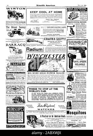 Conserver au frais à la maison LfGHT FIABLES ET PRÉCISES 20 TENUE DURABLE Radium BIG BORE carabines Winchester HAUTE PUISSANCE RÉPÉTANT ARMS CO. - NEW HAVEN CONN. (21 élégant d'une conception efficace, une voiture pratique pour les routes américaines. La WINTON MOTOR CARRIAGE CO. Cleveland 0. États-unis l'Orient Surrey WALTHAM MANUFACTURING CO. AMERICAN DARRACQ AUTOMOBILE CO. gaz et essence de la Charte pour tous les travaux. L'état Y nos besoins en puissance. Moteur à gaz CHARTE CO. Fort 148 sterling malade. Pour scies OUTILS ETC. EDISON MFG. Société COATES sur roulement à billes. Système de l'unité. Ancienne Construction Lien galvanisation. .AM ricain. Pas de redevance. SA Banque D'Images