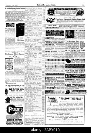 L'EXPÉRIENCE DU COMMERCE DES BREVETS DE DESSINS INDUSTRIELS DROITS D'AUTEUR MAIRICS &C. Rtnerican scientifique CE LIVRE GRATUITEMENT LES ABONNÉS T CLIP 'EUREKA SUIVEZ LE DRAPEAU' ST. LOUIS et CHICAG New York. Boston Saint Paul et Minneapolis, Scientific American, 1906-01-27 Banque D'Images