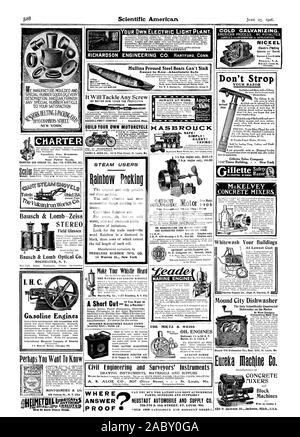 Votre propre installation de la lumière électrique. N'estrope votre rasoir et mousse à raser avec un Gillette. TheGillette lightshaving ou l'Est et chaque lame aura toutes les lames asceptic et aucun n'resharp 12 lames 5,00 $ ; combinaison standard 10 lames une arme à deux tranchants 50 cents. Gillette société de vente de matériel et d'Amman. NICKEL VanINinkle T Hanson& Co. galvanisation à froid. Processus américain. 0 LES REDEVANCES. Les malaxeurs à béton McKELVEY blanchir vos bâtiments à moindre coût Supply Co. de Dayton Dayton 0 R Département --0TING&PAC NOUVELLE CHARTE YORKI-Bausch & Lomb Zeiss STERE Bausch & Lomb Optical Co. ROCHESTER N. Y. MONTGOMERY & CO. Il W Banque D'Images