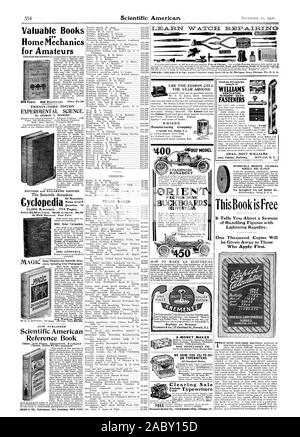 Accueil pour les amateurs de mécanique et révisé l'édition élargie de l'Américain scientifique des requêtes. Re 5000 reçus. 734 pages. 900 de nouvelles formules. L'annexe 1901. Vient de publier la revue Scientific American Reference Book designs. Marques, VINGT-TROISIÈME ÉDITION DE LA SCIENCE EXPÉRIMENTALE. Par GEORGE HOPKINS, illusions et plongeur scientifique sions y compris la photographie Astuce Travail ard sur la Magie. MAGIC 12mo. 516 pages. L'illustration. Couleur 6 MUNN & CIE Éditeurs 361 Broadway New York L'ANNÉE AUTOUR DE Edison Manufacturing Company 5 Avenue du Lac Orange. N. J. ORIENTER L'ENTRAÎNEMENT À FRICTION 2 RUNABOUT 450 PASSAGERS Ce livre est Banque D'Images