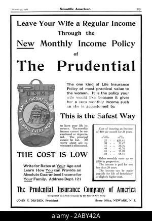 Laissez votre épouse un revenu régulier grâce à la nouvelle politique de revenu mensuel de la Prudentielle d'une sorte d'assurance-vie de la plupart de valeur pratique t la femme. C'est la politique votre épouse-moi parce qu'il lui donne un certain revenu mensuel comme il est habitué. C'est le moyen le plus sûr le coût est faible pour les taux d'écriture à votre âge et apprenez comment vous pouvez fournir un revenu garanti pour votre famille. Département Adresse 121 PRUDENTIAL P GIBRALTAR la Prudential Insurance Company of America Incorporated comme une société par actions par l'État du New Jersey JOHN F. DRYDEN Président Accueil Banque D'Images