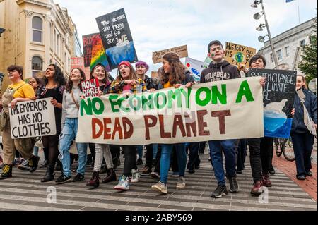 Cork, Irlande. 29 Nov, 2019. Le liège a été portée à l'arrêt aujourd'hui, grâce à un climat de mars et de rallye. Environ 300 étudiants se sont réunis de tous les coins de la ville et du comté pour diffuser leur message au sujet de l'évolution du climat. Credit : Andy Gibson/Alamy Live News Banque D'Images