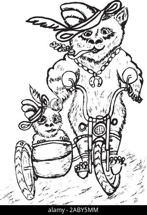 Grunge croquis de deux pandas sur moto, appelée l'illustration. Illustration de Vecteur