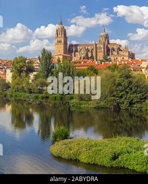 La fin gothique et baroque Catedral Nueva, ou nouvelle cathédrale, vu sur la rivière Tormes, Salamanque, Province de Salamanque, Castille et Leon, Espagne. E Banque D'Images