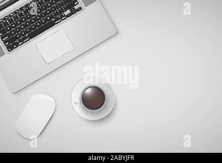 Un minimum de bureau avec ordinateur, de la souris et une tasse de café, vector illustration Illustration de Vecteur
