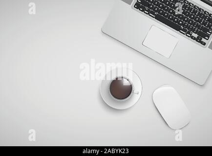 Un minimum de bureau avec ordinateur, de la souris et une tasse de café, vector illustration Illustration de Vecteur