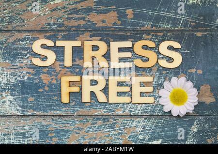 Effort libre écrit avec des lettres en bois sur la surface en bois rustique et marguerite blanche fleur Banque D'Images