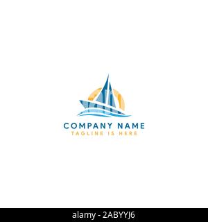 Bateau ou yacht logo. Location des icônes avec vagues et soleil sur un fond blanc. Le modèle pour le logo du club nautique ou la voile. Vector illustration Banque D'Images