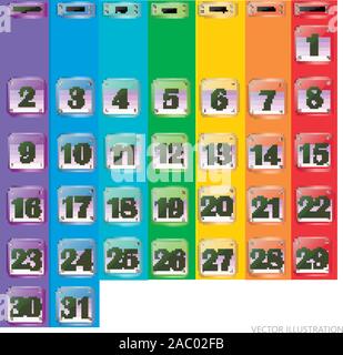 Ensemble de boutons avec des dates de calendrier pour le mois de décembre. Pour la planification des journées importantes. Des bannières pour les jours fériés et les jours spéciaux. Illustration colorée en langue russe. Illustration de Vecteur