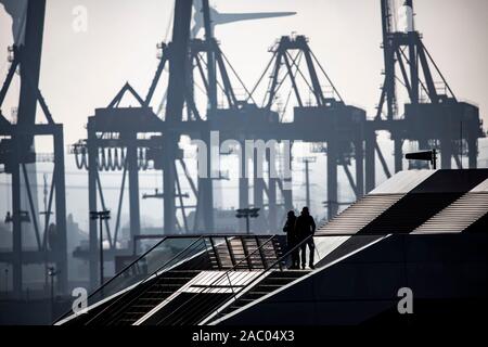 Hambourg, port, Elbe, grues au container terminal Burchardkai, touristes sur la terrasse avec vue sur la plate-forme du bâtiment des docks, Banque D'Images