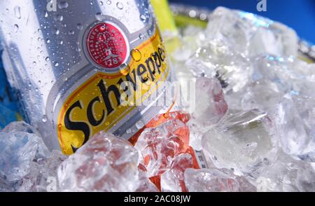 POZNAN, POL - OCT 16, 2019 : Pouvez de Schweppes, une marque de boissons Suisse, introduit en 1783 et vendus à travers le monde Banque D'Images