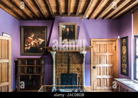 Anderlecht, Bruxelles / Belgique - 0626 2019 : peintures, cheminée et placards en bois à la maison Erasmus Banque D'Images