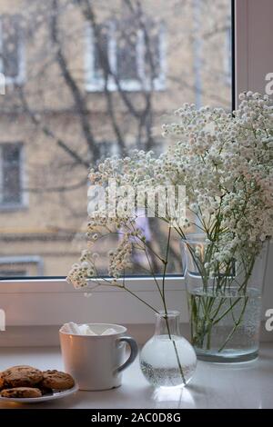 Gypsophila bouquet sur la fenêtre dans un vase de verre au crépuscule. Banque D'Images