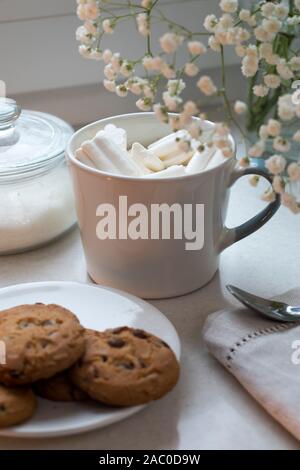 Gypsophila bouquet sur la fenêtre dans un vase de verre au crépuscule. Banque D'Images